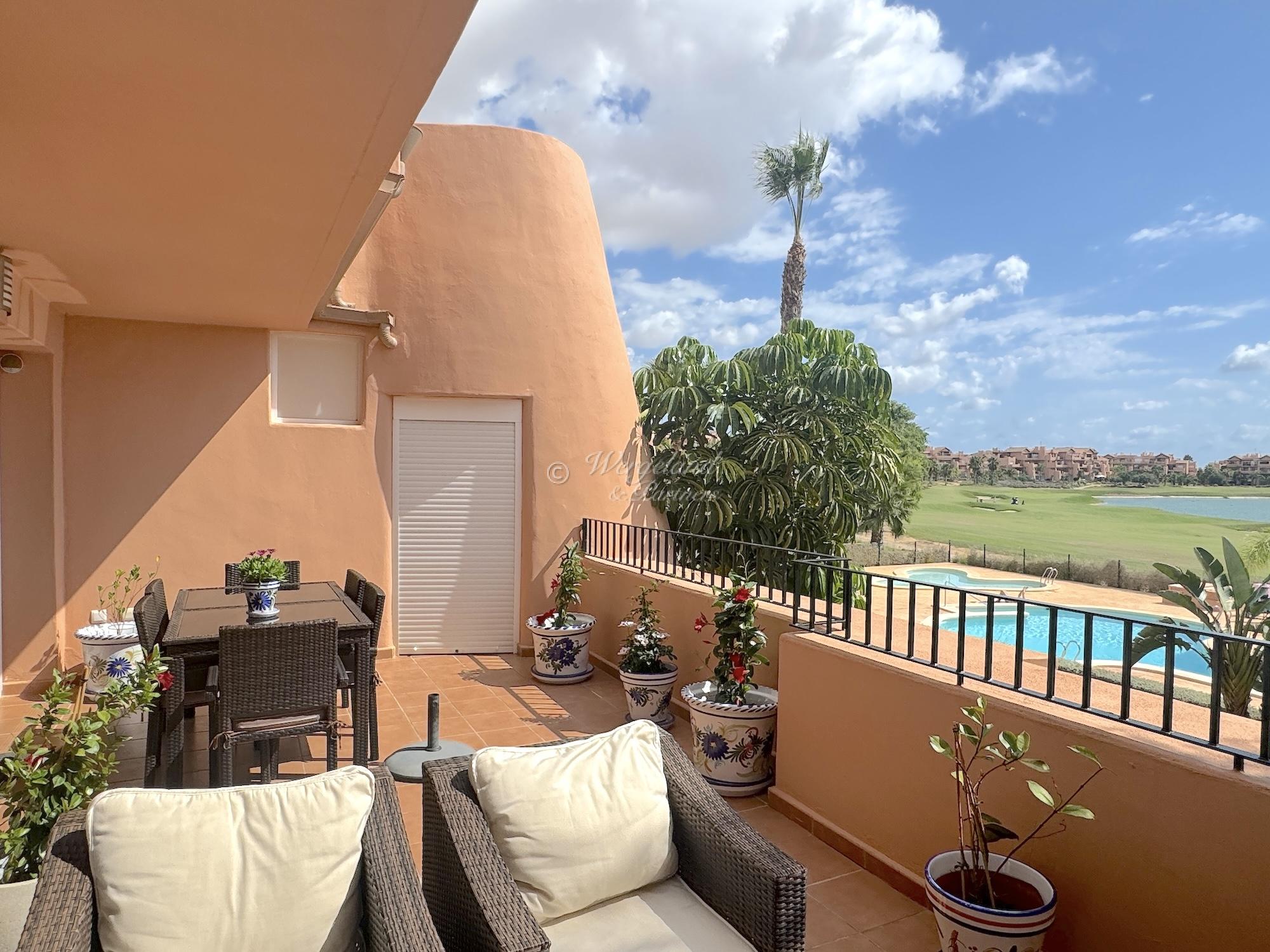 2 beds, 2 terraces, pool and golf view, furnished, newly renovated bathroom w underfloor heating [4312]